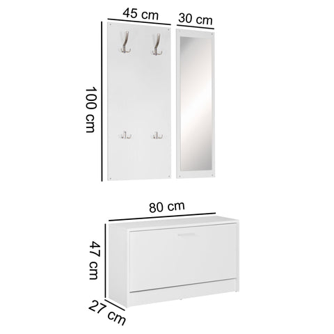 Rootz Wardrobe with Mirror & Shoe Cabinet - White Wall-Mounted - Modern Compact Hallway Wardrobe for Jackets & Shoes