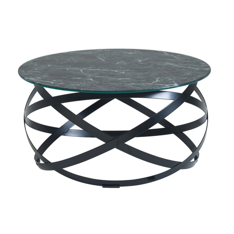 Rootz Couchtisch aus Glas – Runder Marmor-Look in Schwarz – Metallrahmen – Moderner kleiner Beistelltisch – 60 x 60 x 30 cm