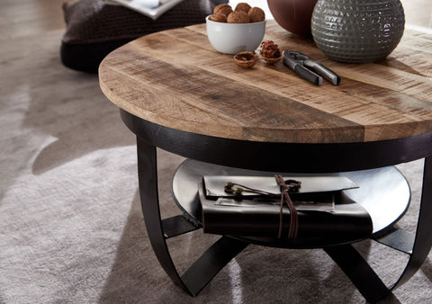 Rootz Industrieller runder Couchtisch – Mango-Massivholz und Metall – Schwarz – Massiver Wohnzimmertisch – Kleiner Couchtisch – 60 x 34 x 60 cm 
