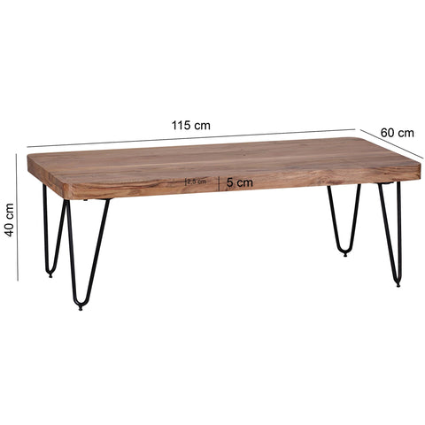 Rootz Coffee Table - Solid Wood Acacia - Metal Legs - Country-Style - Side Table - 115 cm Wide
