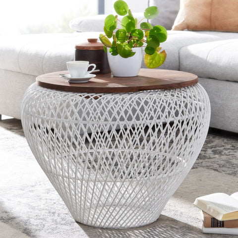Rootz Coffee Table with Storage Space - Design Living Room Table, Modern Wicker Table - Sofa Table with Wire Basket - White Round - Mango Solid Wood-Metal - 60x60x45cm