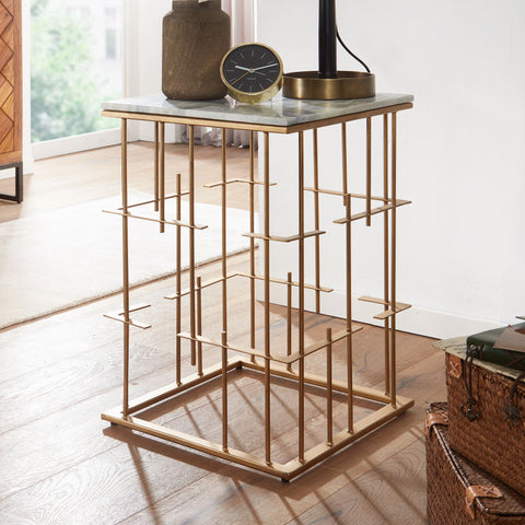 Rootz Side Table - Gold Metal - Small Square Coffee Table - Modern Living Room Accent - White Marble - 40x40x61 cm