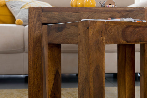Rootz Satztische – 3er-Set – Massivholz Sheesham – Dunkelbraun – Naturholz – Landhausstil – Beistelltische
