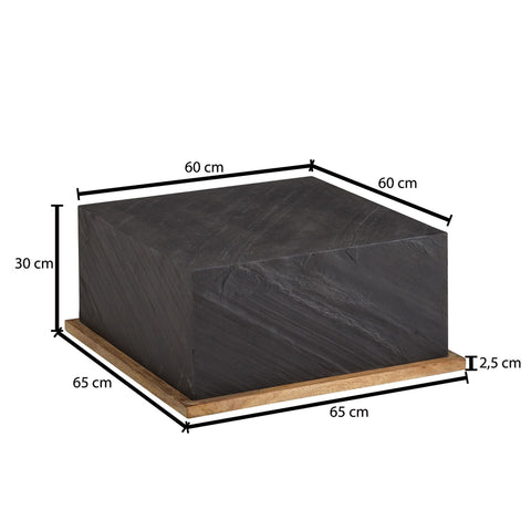Rootz Salontafel - Modern Vierkant Design Woonkamertafel - Salontafel met stenen blad - Salontafel voor Woonkamer - Antraciet Mango Massief Hout - 65x65x30 cm 