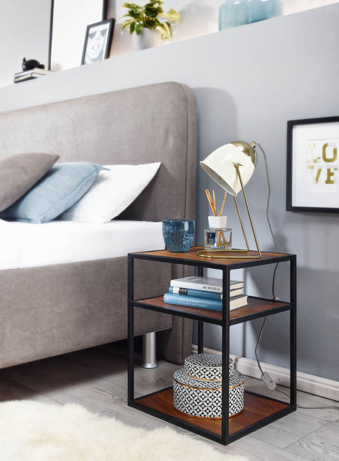Rootz Bedside Table - High Side Table with Shelf - Design Nightstand for Box Spring Bed - Industrial Coffee Table with Storage - Sheesham Wood - Metal - 40x50x35 cm