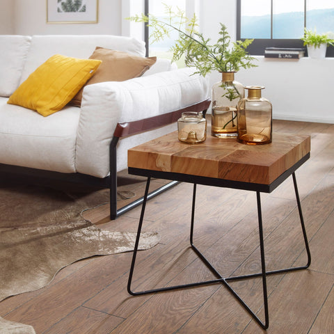 Rootz Side Table - Acacia Solid Wood with Metal Frame - Industrial Square Table Brown - Modern Living Room Table - 45x45x51cm