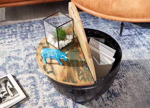 Rootz Industrieller runder Couchtisch – Mangoholz und Metall – Schwarz – Design-Wohnzimmertisch mit Stauraum – Moderner Lounge-Sofatisch – 60 x 36 x 60 cm 