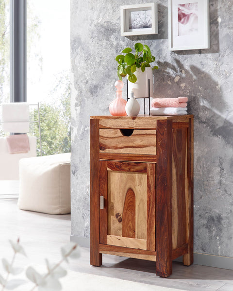 Rootz Bathroom Cabinet - Standing Utility Closet with Drawer and Door - Compact and Functional Bathroom Storage - Solid Sheesham Wood - 46x80x30 cm