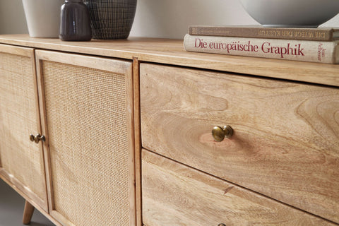 Rootz Dressoir - Ladekast met 3 Laden - Hoge Ladekast van Massief Houten - Staande Woonkamerkast - 2 Deurvakken - Massief Mangohout - 140x75x40cm