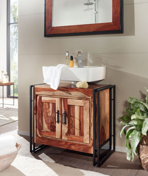 Rootz 2-Door Bathroom Cabinet - Solid Sheesham Wood - 68x63x42 cm - Industrial Style Standing Base Cabinet - Midi-Sized Small Bathroom Cabinet