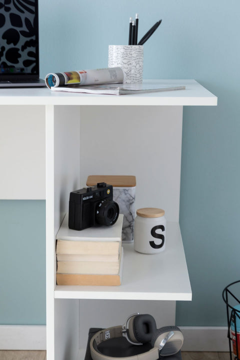 Rootz Computertisch – Weiß – Kleiner Bürotisch – Regal inklusive – Moderner Arbeitstisch – 82 x 60 x 76 cm