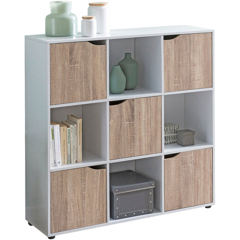Rootz Bookcase - Sonoma - 9-Compartments - Modern Cube Shelf with Doors - Room Divider and Storage - Living Room Shelf - 89x91x29cm