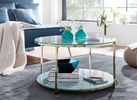 Rootz Round Glass Coffee Table - Marble Look White/Gold - Modern Living Room Table with Storage - Metal Coffee Table - Small Side Table - 80x80x45 cm