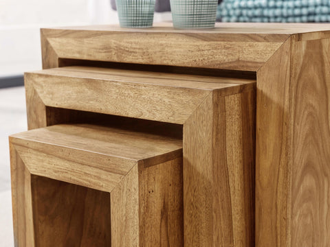 Rootz Satztische – 3er-Set – Akazienholz – Dunkelbraun – Landhausstil – Naturholz – Wohnzimmer-Beistelltische
