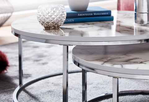 Rootz Salontafel - Wit Zilver Marmeren Look - Set van 2 Moderne Ronde Salontafels - Metalen Bijzettafel - Design Nesttafels 