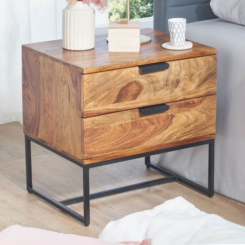 Rootz Industrial Design Bedside Table - 2 Drawers - Storage Space - Solid Sheesham Wood & Metal - 50x40x51 cm
