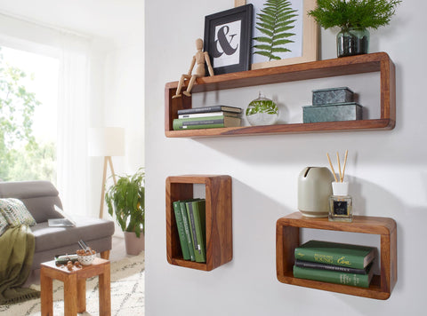Rootz Wall Shelves - Set of 3 - Sheesham Wood - Country Style - Rustic Design - Square Hanging Shelves - Real Wood - Wall Shelves - Hanging Dice - Shelf Wall Boxes