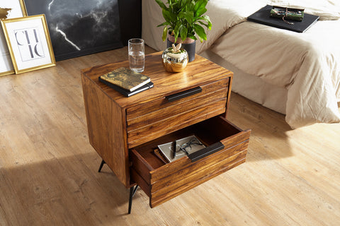Rootz Side Table - Sheesham - Design Nightstand with Drawers - High Storage Cabinet - 60x60x40cm