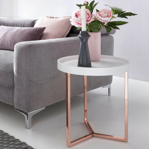 Rootz Side Table - White-Copper Design - Wood and Metal Tray Table - Modern Living Room Coffee Table -  ø 40 cm