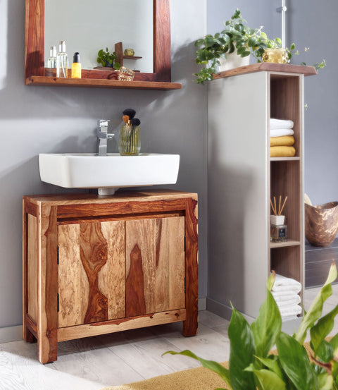 Rootz Bathroom Cabinet - Standing Base Cabinet with 2 Doors - Small and Stylish Midi Cabinet - Solid Sheesham Wood - 67x62x30 cm