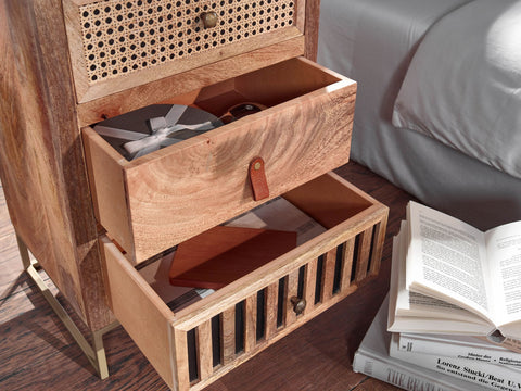 Rootz Nachttisch – Metallrahmen – Design mit 3 Schubladen – Stauraum – Nachttisch – Mangoholz – 40 x 60 x 30 cm