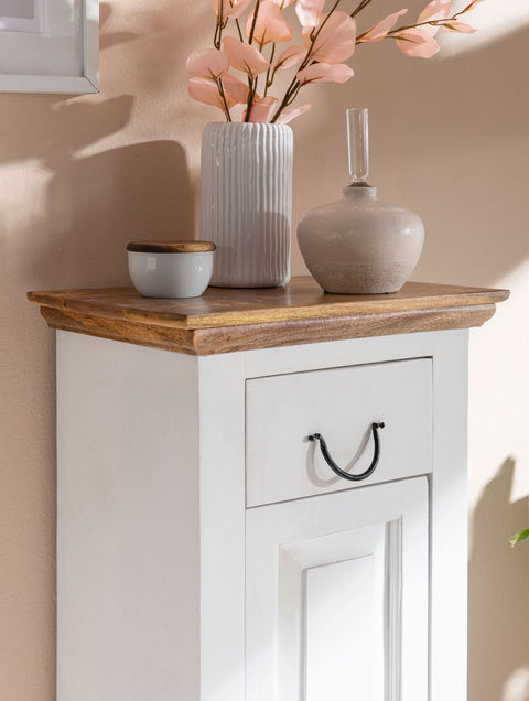 Rootz Bathroom Cabinet - Compact Standing Cabinet with Drawer and Door - Ideal for Narrow Spaces - White Mango Wood - 47x80x32 cm