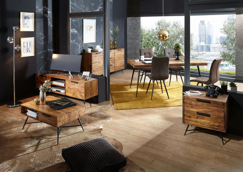 Rootz TV Chest - Lowboard - Sheesham Wood - Design Hi-Fi Board with Storage and Drawers - Industrial TV Chest - 160x54x40cm