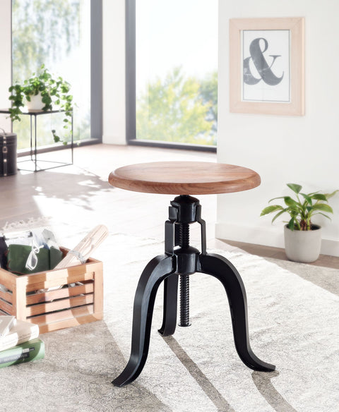Rootz Swivel Stool - Round Industrial Standing Stool - Small Modern Bar Stool - Solid Acacia Wood - Black Metal - Adjustable Height - 39x62.5x39 cm