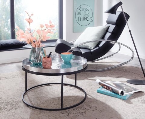 Rootz Coffee Table - Silver & Black Aluminum - Removable Round Tray - Modern Design - Hammered Metal - 62x62x36 cm