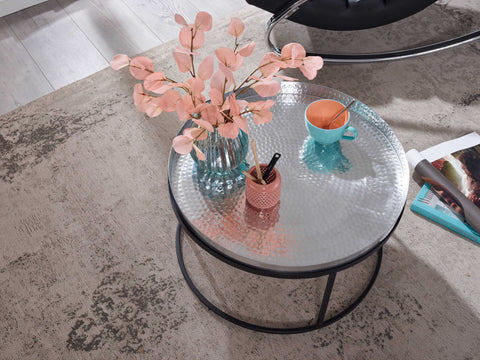 Rootz Coffee Table - Silver & Black Aluminum - Removable Round Tray - Modern Design - Hammered Metal - 62x62x36 cm