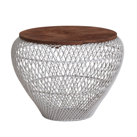 Rootz Coffee Table with Storage Space - Design Living Room Table, Modern Wicker Table - Sofa Table with Wire Basket - White Round - Mango Solid Wood-Metal - 60x60x45cm