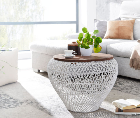 Rootz Coffee Table with Storage Space - Design Living Room Table, Modern Wicker Table - Sofa Table with Wire Basket - White Round - Mango Solid Wood-Metal - 60x60x45cm