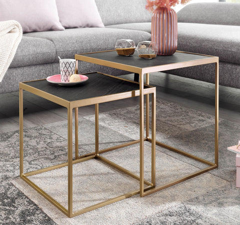 Rootz Quadratischer Couchtisch – 2-teiliges Tischset – eckiger Beistelltisch aus Stein-Metall und Industriedesign – Tischset zum Zusammenstellen