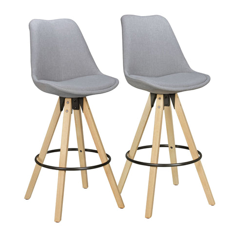 Rootz Bar Stools - Retro Design - Gray Fabric Wood with Backrest - Scandinavian Style Bar Chairs (Set of 2) - 77 cm Seat Height