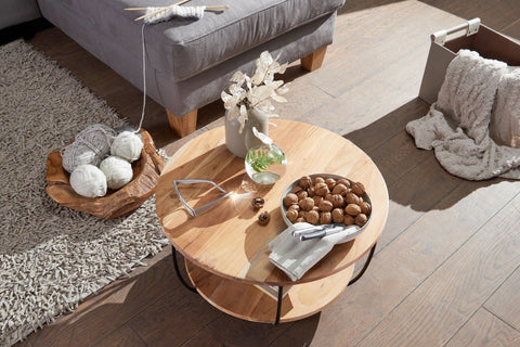 Rootz Ronde Salontafel - Acacia Massief Hout - Metalen Poten - Industrieel Bruin - Design Woonkamertafel met Plank - (60x34,5x60 cm)