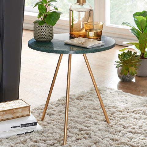 Rootz Beistelltisch – echter Marmor grün – Metall gold – kleiner runder Dreibein-Couchtisch – moderner Wohnzimmertisch – hoher Couchtisch – 38 x 38 x 44 cm