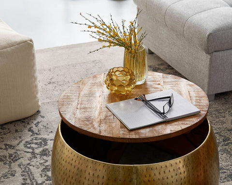 Rootz Round Coffee Table - Storage Space - Removable Top - Modern Design - Gold - Mango Wood & Metal - 60x60x40 cm