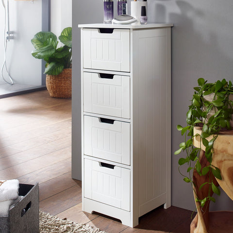 Rootz Bathroom Cabinet - Country Style - MDF Wood - White - Small Cabinet with 4 Drawers - Multi-purpose Side Cabinet - 30x83x30cm