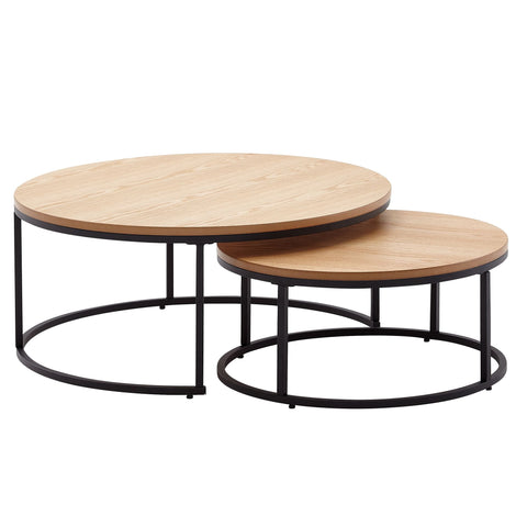 Rootz Coffee Tables - Wood-Metal Round Coffee Tables - Modern Oak Design - 2-Part Side Table - Set of 2 Living Room Nesting Tables