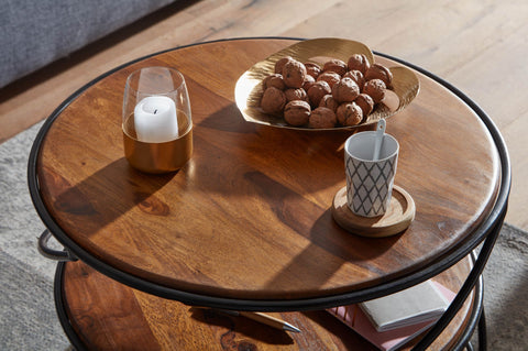Rootz Coffee Table - Metal with Storage - Modern Living Room Table - Small Round Side Table - Solid Sheesham Wood -  58x58x40.5 cm