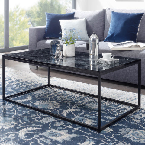 Rootz Coffee Table - Metal Frame Living Room Table - Black Marble Look - Square Sofa Side Table - 100x60x40 cm