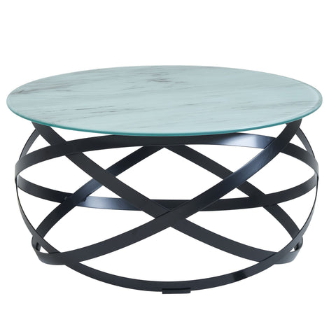 Rootz Glass Coffee Table - Round Marble Look White - Metal Frame - Modern Small Side Table - 60x60x30 cm