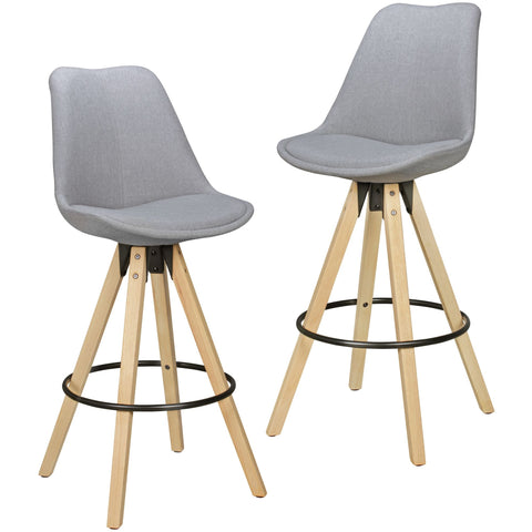 Rootz Bar Stools - Retro Design - Gray Fabric Wood with Backrest - Scandinavian Style Bar Chairs (Set of 2) - 77 cm Seat Height