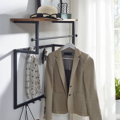 Rootz Wall Wardrobe -  Mango Wood Metal - Design Hook Rail with Shelf and Clothes Rail - Wooden Hallway Wardrobe - 60x76x26 cm