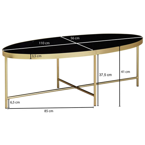 Rootz Couchtisch – Schwarzes Glas – Goldmetallrahmen – Großer Wohnzimmer-Loungetisch – Oval – 110 x 56 cm 