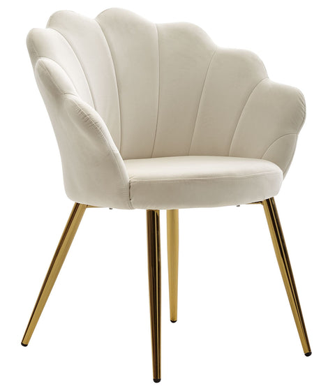 Rootz Tulip Dining Chair - Velvet White - Upholstered Kitchen Chair with Gold Legs - Scandinavian Design Shell Chair - Fabric-Covered Upholstered Chair