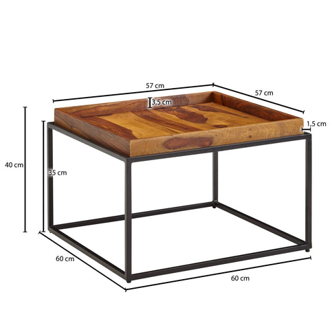 Rootz coffee table 60x60x40 cm solid sheesham wood - metal coffee table modern - Tray table- living room table- coffee table- solid - Small table removable tray - Square side table
