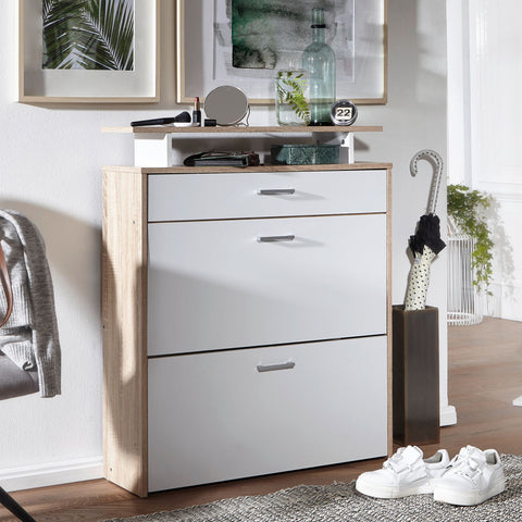 Rootz Shoe Rack with Drawer - Modern Sonoma Oak - Narrow Shoe Storage Cabinet - Hallway Closet Shoe Rack Shelf - 80x95x24 cm