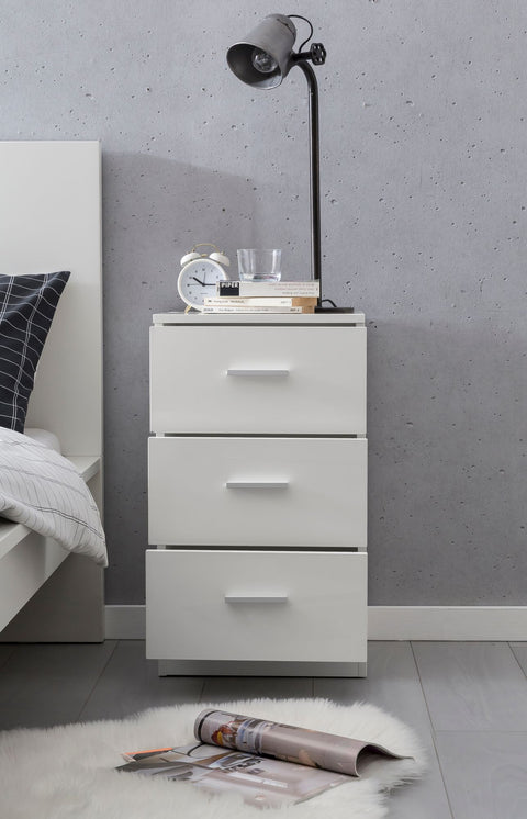 Rootz Nightstand - High Gloss - Box Spring Bedside Table - Bedroom Bedside Table with 3 Drawers - White - 38x66.5x35cm