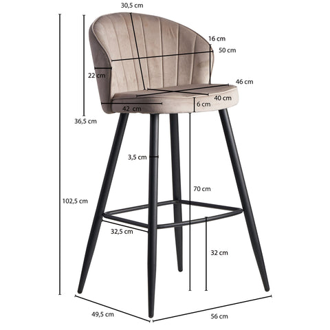 Rootz Barhocker mit Rückenlehne – Küchenhocker aus skandinavischem Stoff – Metall 110 kg – Design-Bistrohocker – gepolsterter Barhocker – beigefarbener Samt – 56 x 102,5 x 52,5 cm 